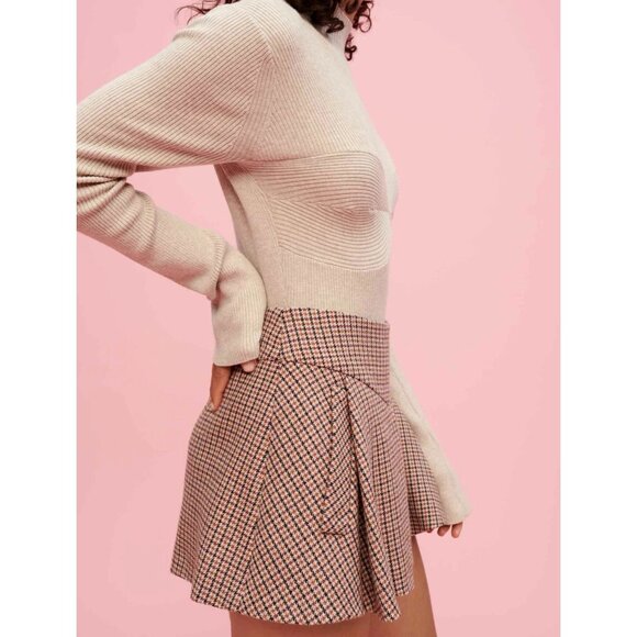 NWT Maje camel houndstooth flare cotton wool blend skirt style shorts, M - Picture 5 of 10